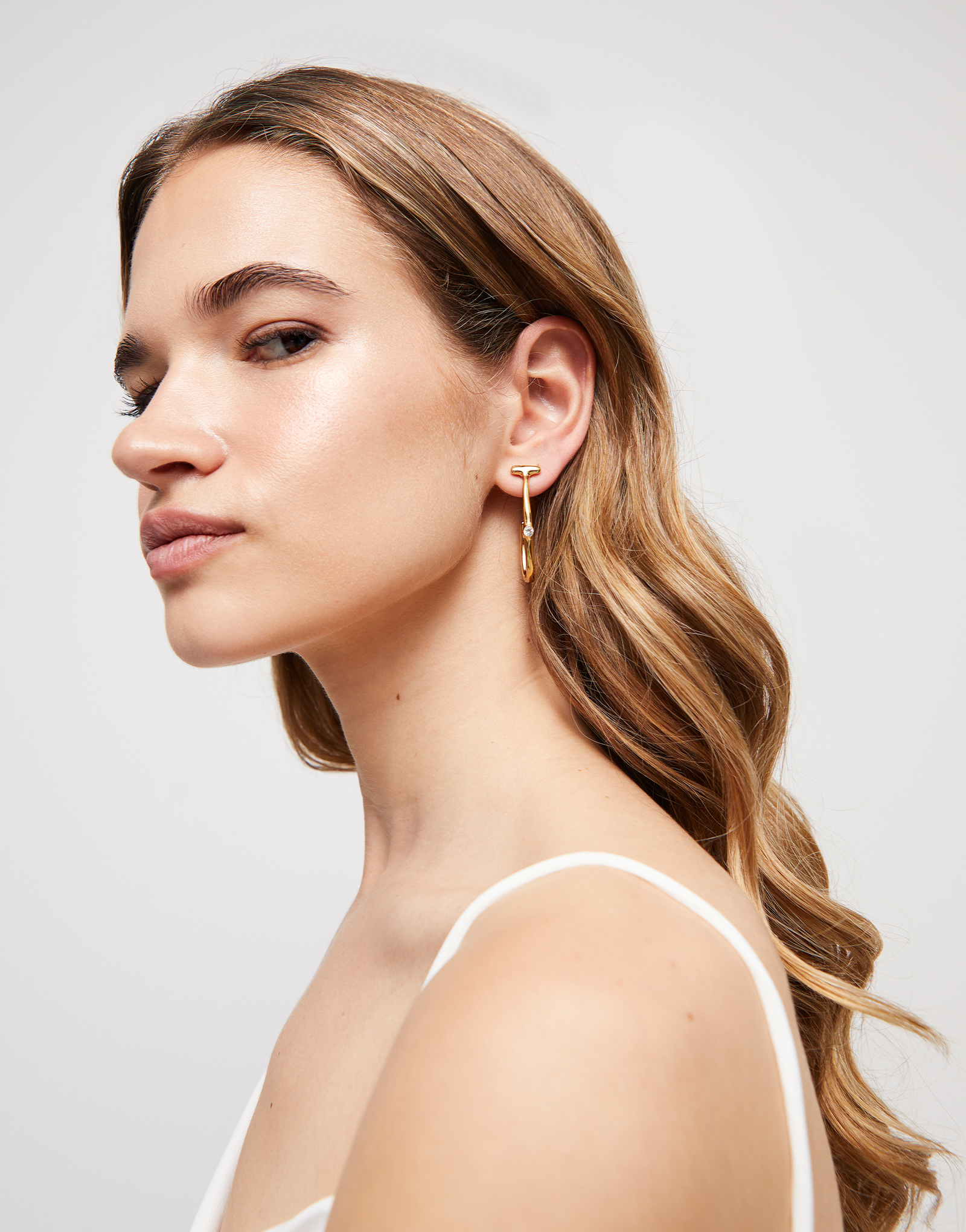 Hoop earrings with white topaz, Golden, large thumbnail